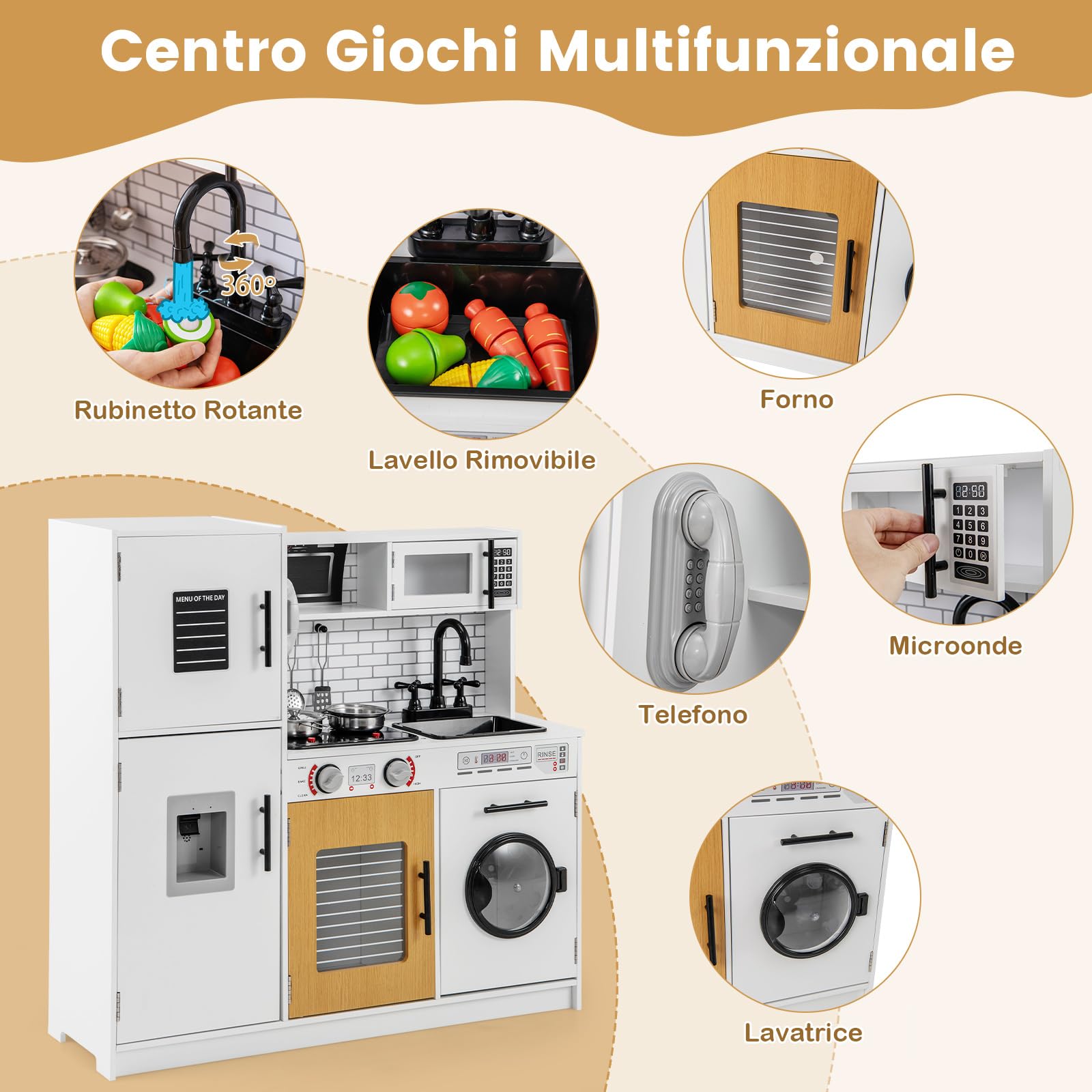 RELAX4LIFE Cucina Giocattolo per Bambini in Legno, Set da Cucina con Microonde, Fornello, Lavatrice, Pentole e Utensili, Effetti Luminosi e Sonori, 82 x 25 x 80,5 cm (Bianco)