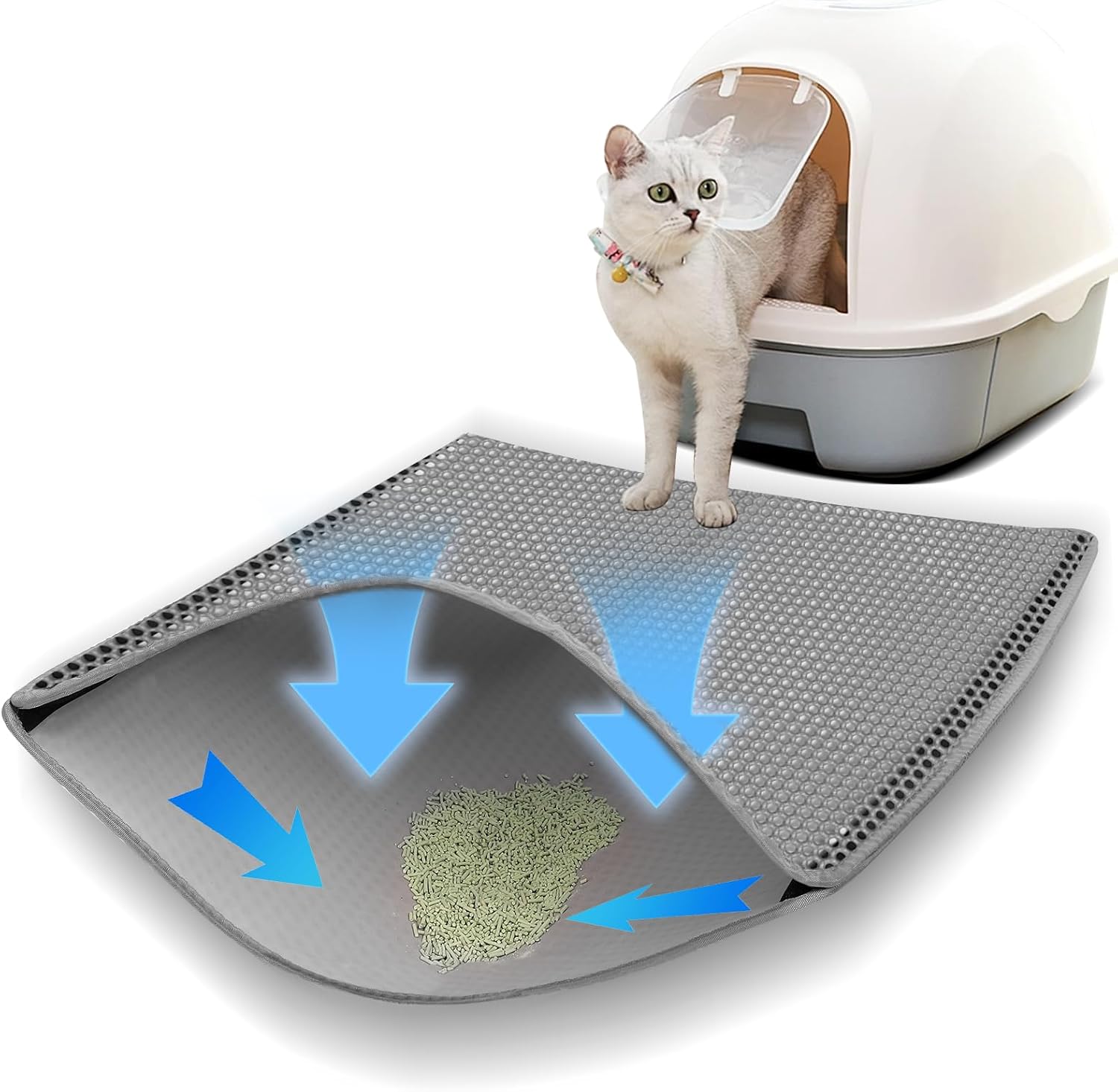 Cat Litter Tray Mat Double Layer 90 x 60 cm, Waterproof Cat Litter Mat & Cat Litter Tray Mat, with Closure, 2-Layer Honeycomb Structure, Non-Slip EVA, for Cat Litter Tray, Feeding Place