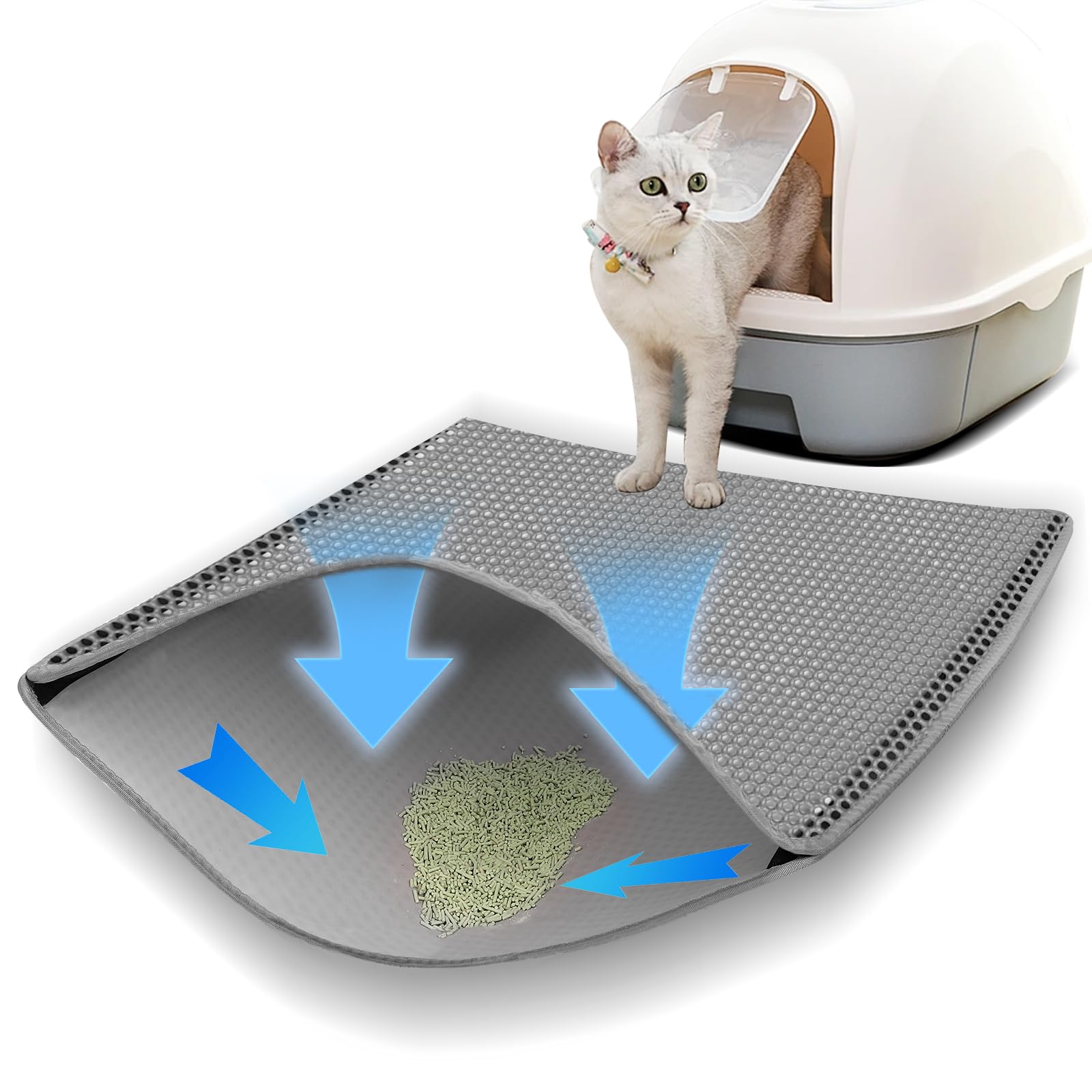 Tappetino per lettiera e lettiera per gatti, a doppio strato, 90 x 60 cm, impermeabile, con chiusura in velcro, struttura a nido d'ape a 2 strati, in EVA antiscivolo, per lettiera e cibo