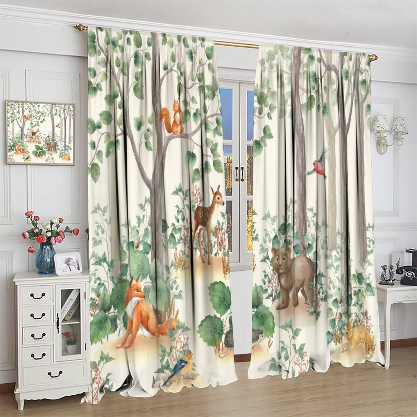 Forest Animal Curtains,Fox Elk Bird Animal Watercolor Woodland Print Curtains Kids Nursery Bedroom Living Room Home Decoration 42x45 Inch