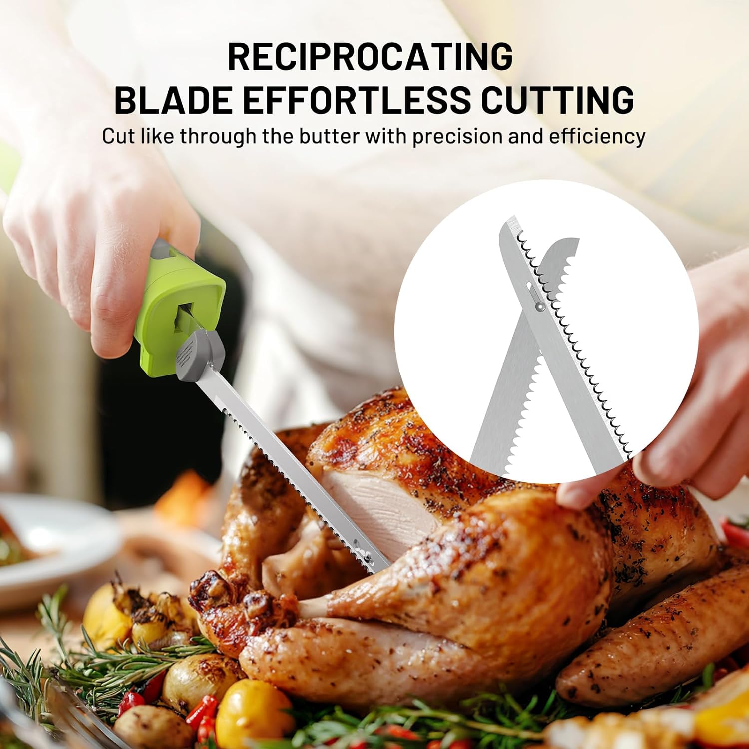 Cordless Electric Knife, Rechargeable Battery Powered Knife w/ 2 Reciprocating Serrated Stainless Steel Blades, for Carving Meat Turkey Fish Fillet Bread Slicing Cutting
