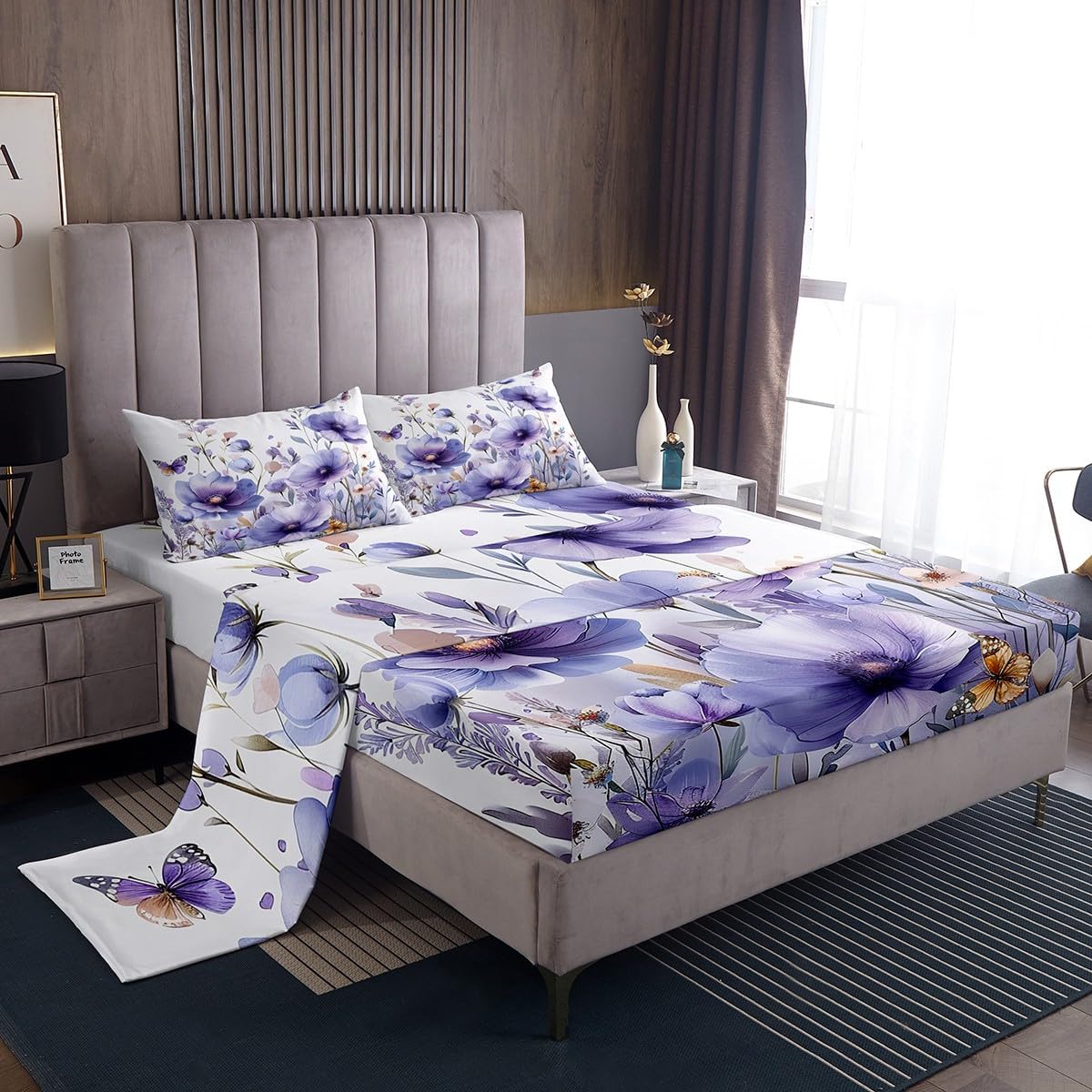 jejeloiu Butterfly Bed Sheets Set Twin Size Kids Oil Painting Fitted Sheet with Deep Pocket for Boys Girls Teens Black White Bedding Set Breathable Animal Bedroom Decor