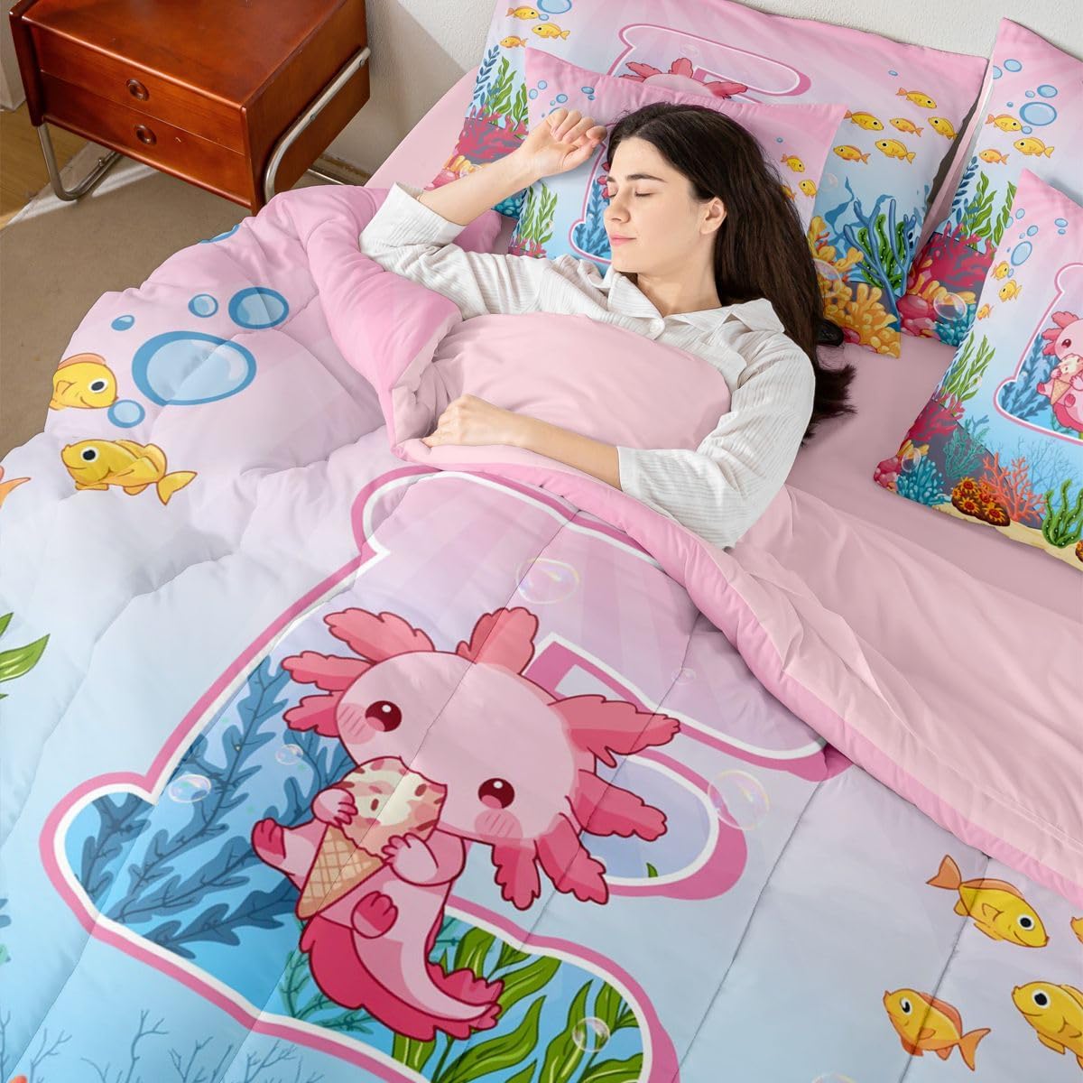 Erosebridal Pink Kawaii Axolotl Queen Comforter Set 7 Piece for Girls,Cute Cartoon Initial Letter E Bedding Set for Kids Teen Adults,Ocean Animal Salamander Bed in A Bag with Sheets Pink Blue Bed Set