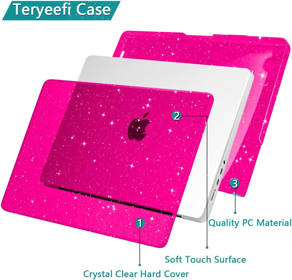 Teryeefi for M5 M4 M3 M2 M1 MacBook Pro 14 inch Case 2025 2024 2023 2021 fits Model A2918 A2992 A2779 A2442, Glitter Protection Hard Shell Cover with Keyboard Cover & Type C Adapter, Sparkly Rose Pink - Image 3