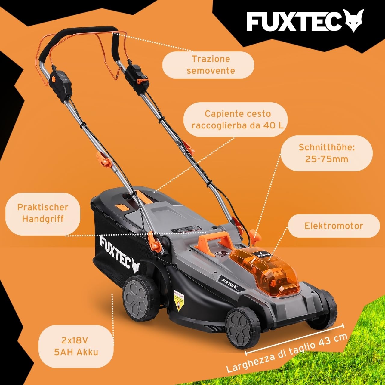 FUXTEC Tagliaerba a batteria FX-E2RM43PRO • 43 cm larghezza taglio • 40V batteria litio • trazione con velocità variabile • funzione mulching • regolazione altezza 25–75 mm