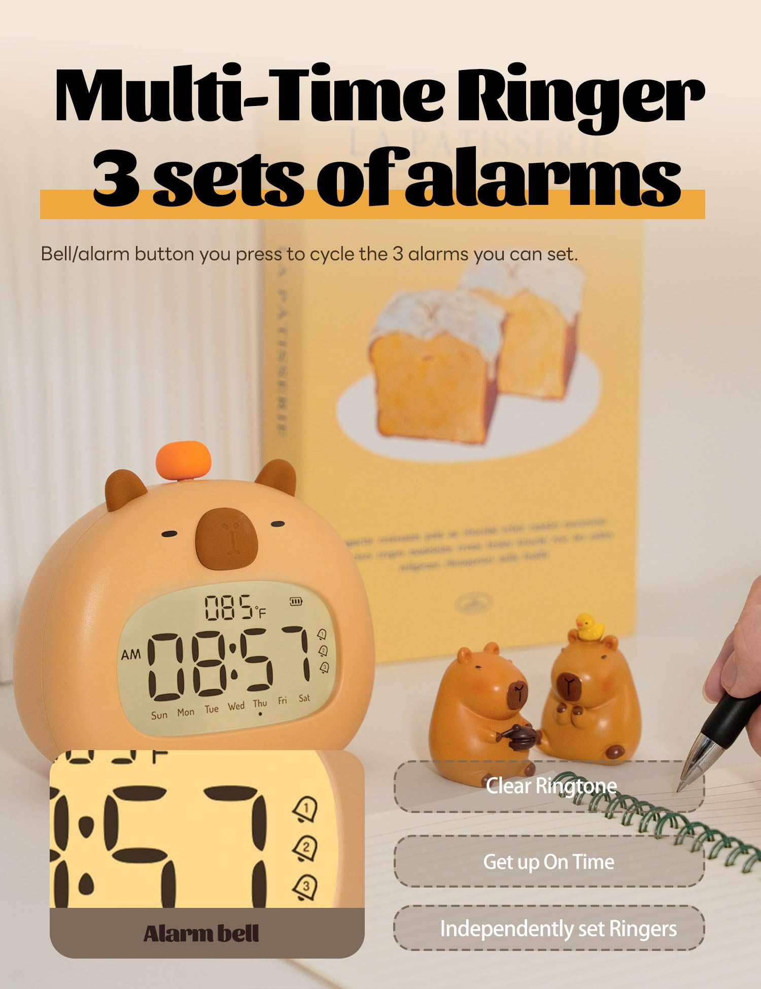 IHALO Capibara Sveglia Bambini, Comodino con Luce Notturna, Display Digitale LED 3,15 Pollici, Tre Allarme, Modalità Weekend, Data, Ora, Temperatura, Ricaricabile, Decorazione Cameretta per Bebè