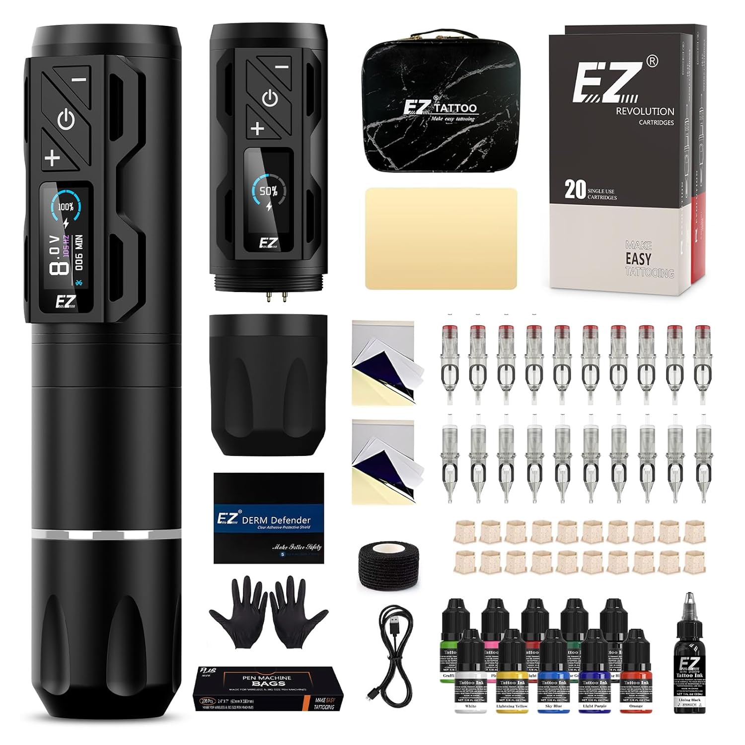 EZ Tattoo Kit - Tattoo Gun Kit with Wireless Tattoo Machine Pen, 1800mAh Power Supply Battery, 20Pcs Tattoo Cartridge Needles and 11 Color Inks for Tattoo Beginners and Artists (P2S Pro Purple Blue)