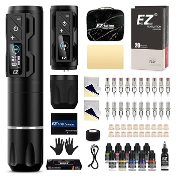 EZ Tattoo Kit - Tattoo Gun Kit with Wireless Tattoo Machine Pen, 1800mAh Power Supply Battery, 20Pcs Tattoo Cartridge Needles for Tattoo Beginners and Artists P2S Pro Black