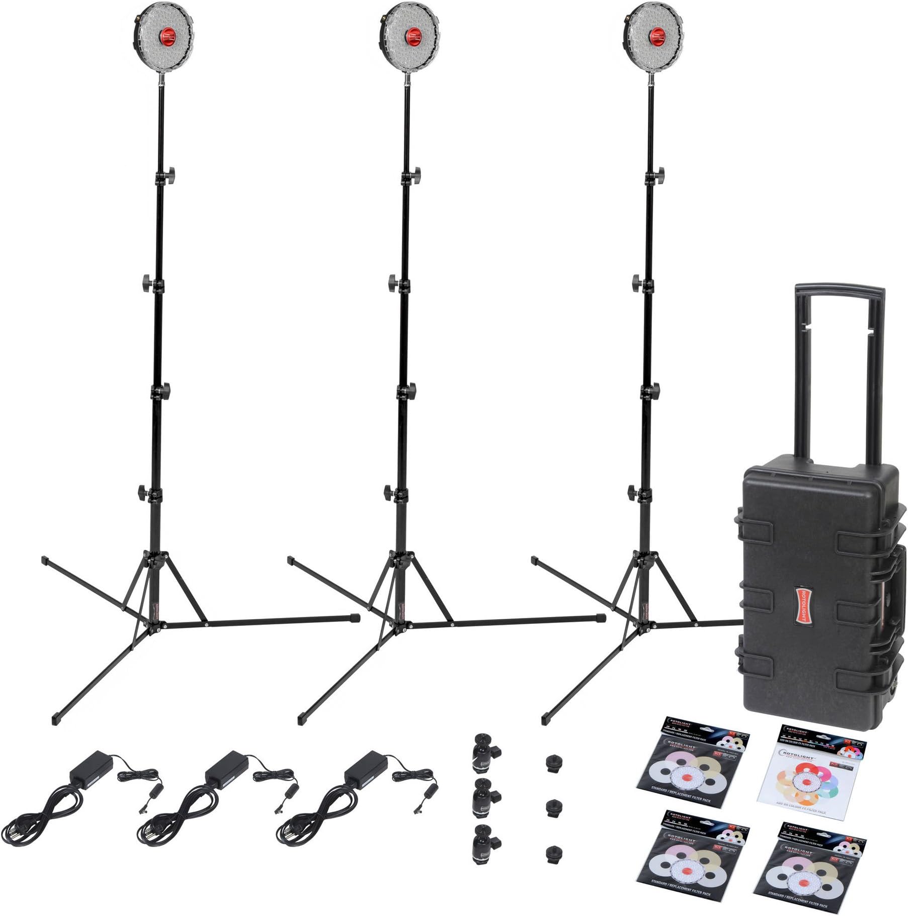 ROTOLIGHT NEO 3 Light Kit with 3x NEO On-camera LED Light, NEO Case, 3x Light Stands, 3x Hot-shoe Adapters, 3x Pro 360Deg. Ball Swivel, 3x NEO Filter Pack, NEO Color Filter Pack, Power Supplies