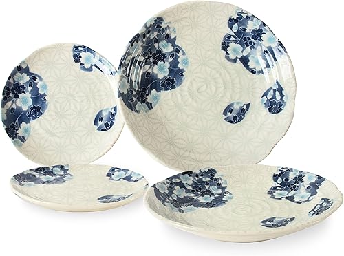 Mino Ware TNG005 - Plato de pasta japonesa y 2 platos para ensaladaaperitivo hecho en Japón (importación de Japón) TNG005 (flor Karakusa)