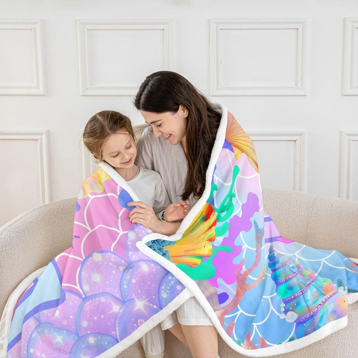 Erosebridal Little Mermaid Fleece Blanket Mermaid Scale Letter E Sherpa Blanket 60"x80" | Initial A-Z Letter Personalized Monogrammed Nautical Sea Animal Ocean Fuzzy Plush Throw, Kawaii Room Decor
