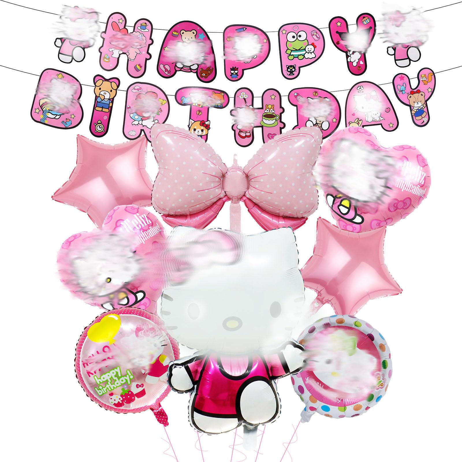8 Pcs Kity Birthday Decorations, Cat Birthday Foil Balloons with Banner, Party Decorations for Girls Kids