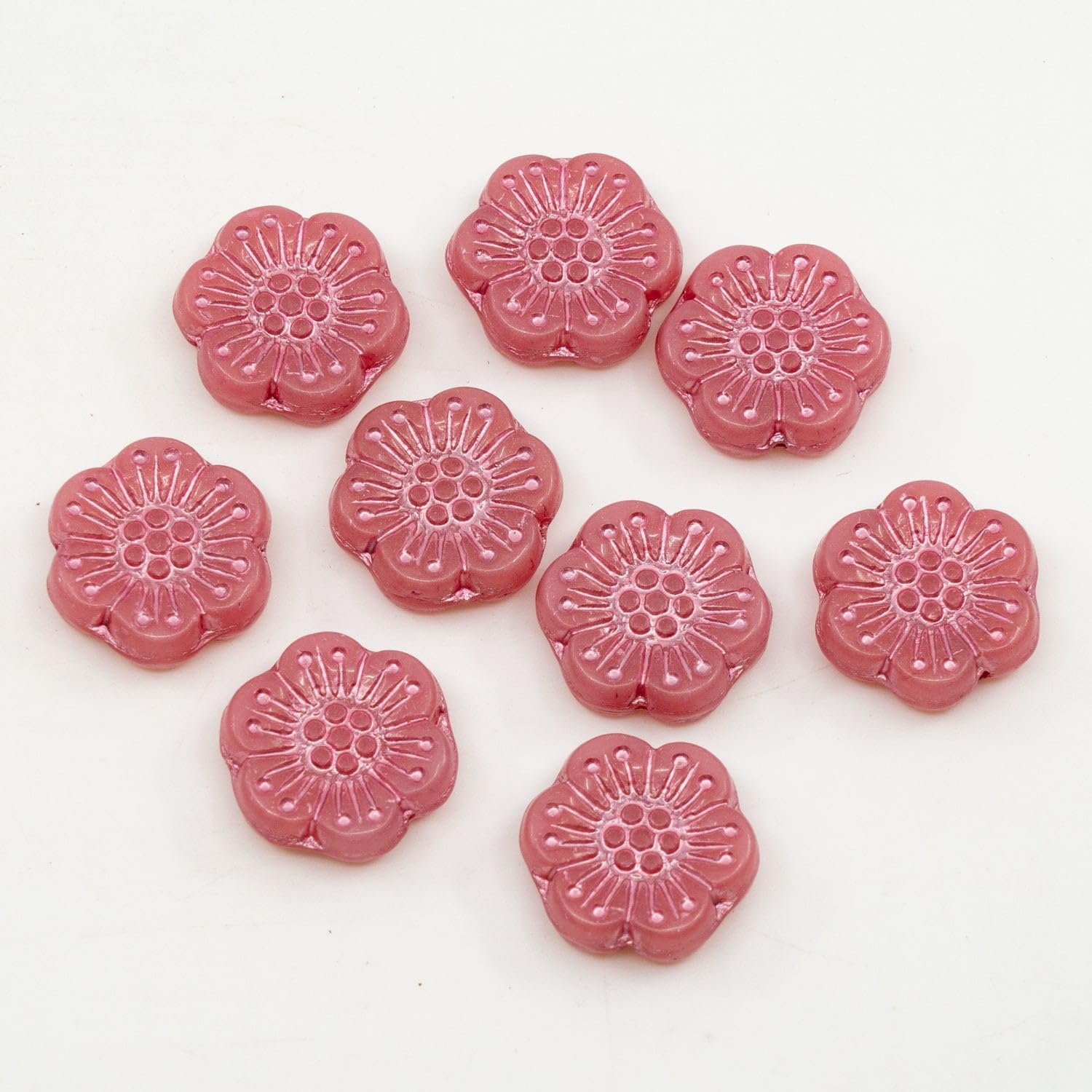 Outlet 10 Grams Flower Pressed Glass Beads, 18 x 18 mm, Opal Pink Pink Lined (71010-54321), Glass, Czech Republic
