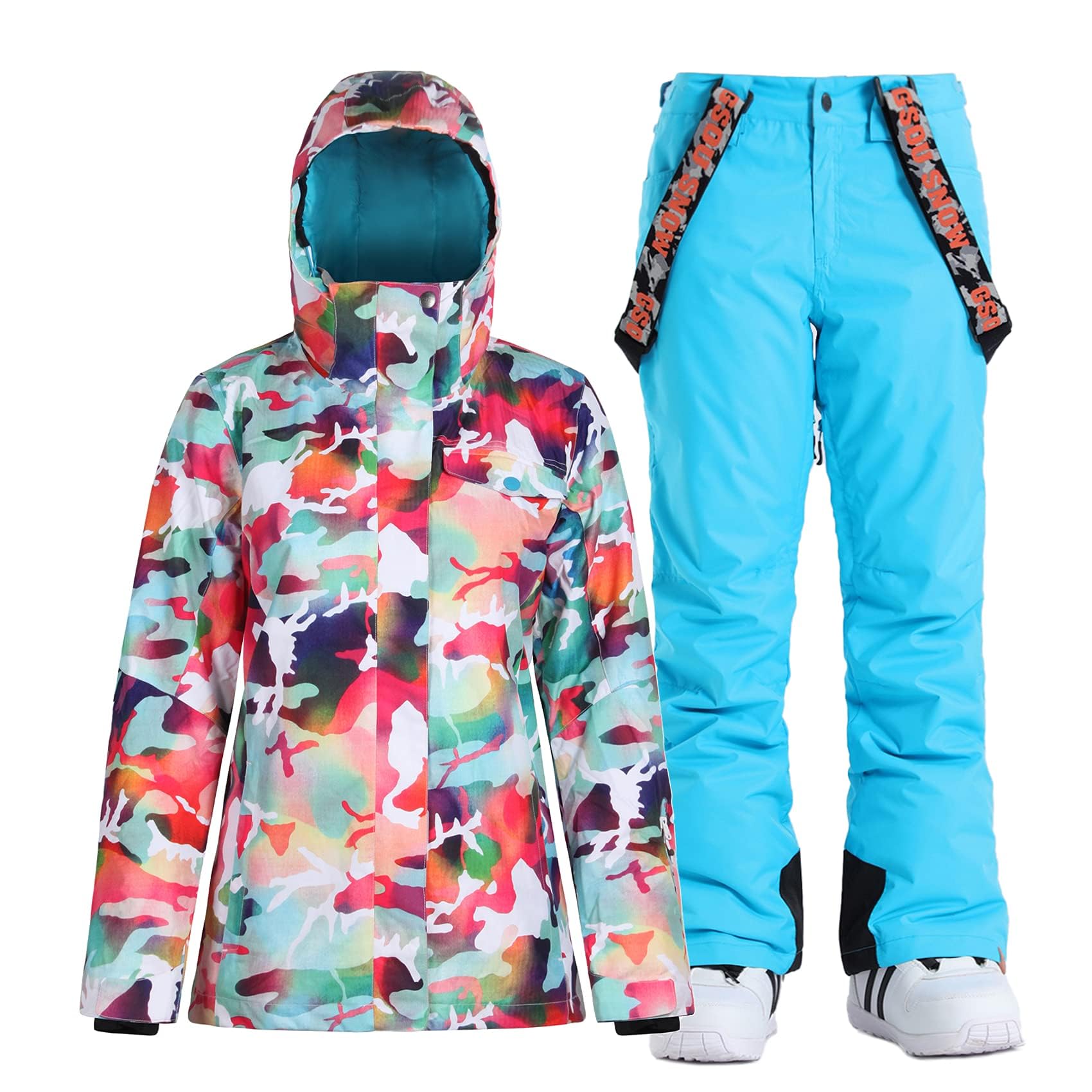 GSOU SNOW Damen Skianzug, zweiteiliges Set aus Skijacke und Skihose | 15.000 mm wasserdicht, 10.000 g atmungsaktiv, bunt bedruckt, abnehmbare Kapuze, Achselbelüftung, Schneefang für Schneesport