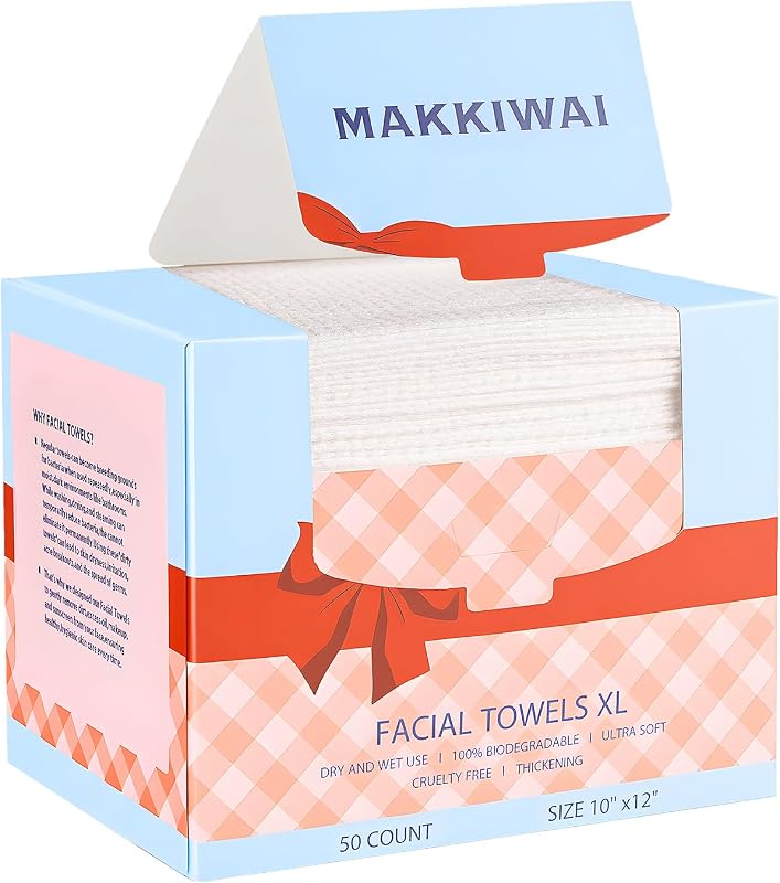 Toalhas faciais descartáveis MAKKIWAI de fibra vegetal, 20,07 x 30,48 cm, pacote com 50