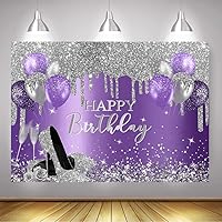 Vista 4 de Mocsicka Telón de fondo de cumpleaños morado y plateado, decoración de fiesta de cumpleaños, globos con purpurina, tacones altos, telón de fondo