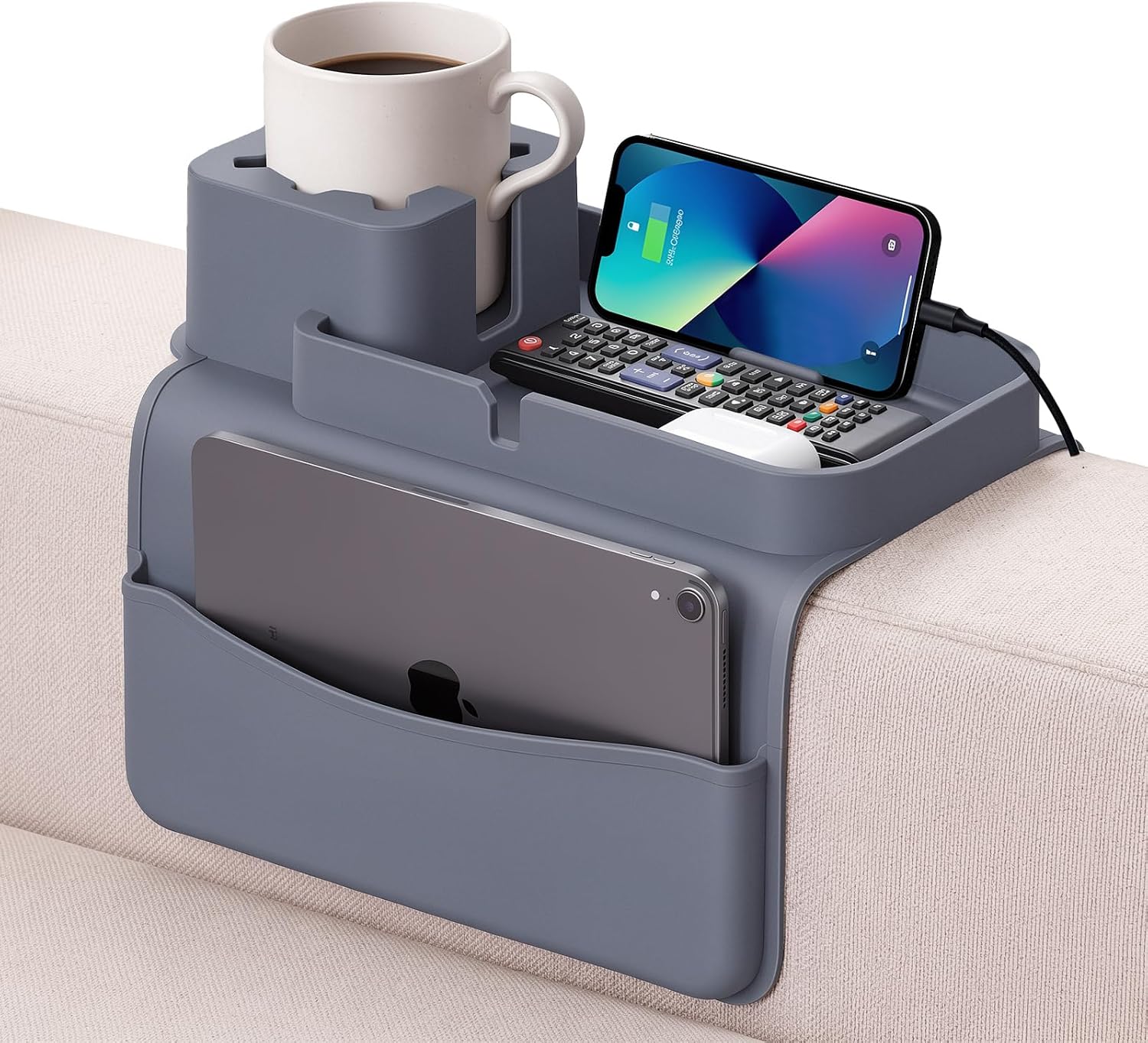 Silicone Couch Cup Holder Tray – Anti-Spill Non-Slip Sofa Armrest Organizer with Tablet & Phone Stand, Side Pockets, BPA-Free Dirt-Resistant Arm Tray for Drinks, Remotes, Snacks, Gifts (Grey)