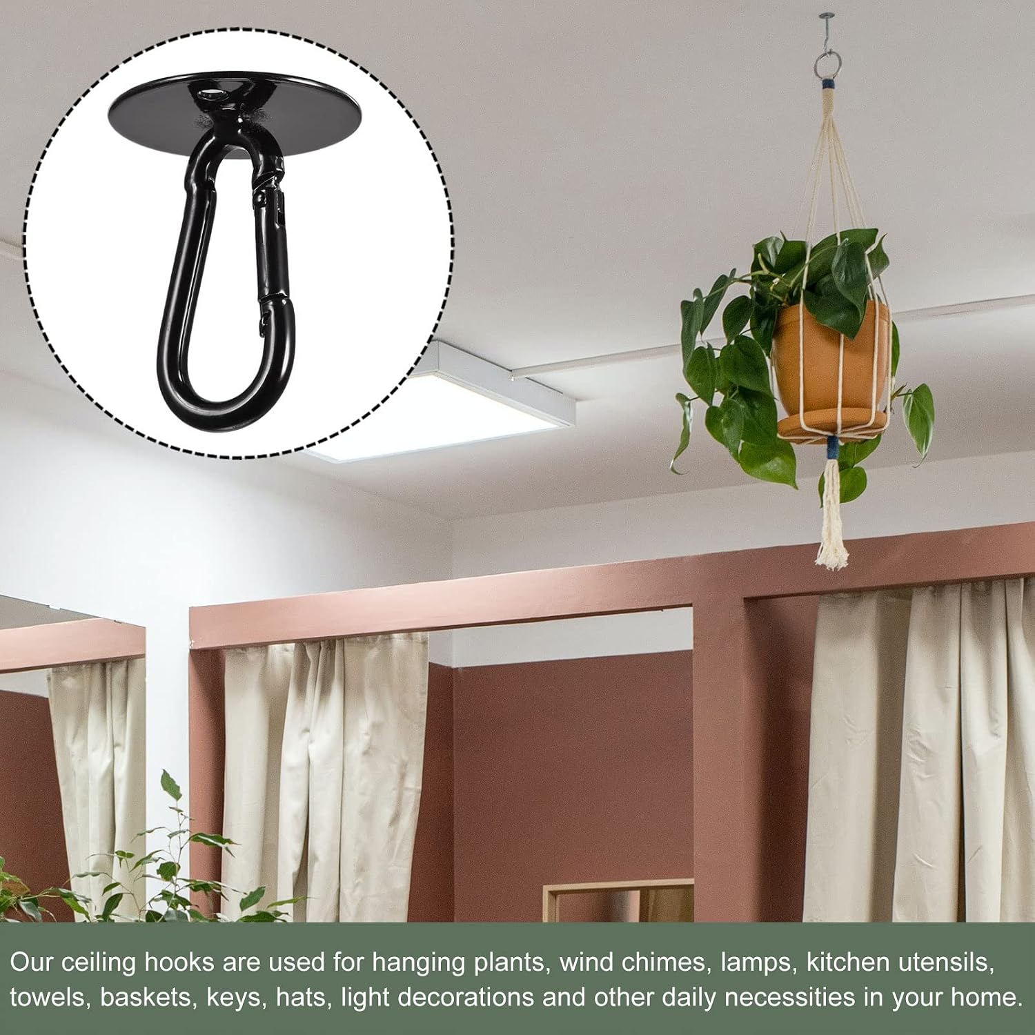 YOKIVE 2 Pcs Ceiling Hanging Hook, Pad Eye Snap Hook with Round Plate Hanging Plants, Great for Office, Home, Daily Use (Black, 1.6x2.1-Inch)