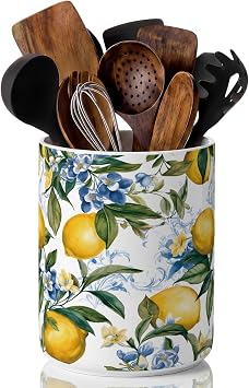 Suclain Lemon Ceramic Utensil Holder 6.3 Inch Rustic Kitchen Crock Summer Lemon Floral Design Countertop Storage Organizer for Spatula and Spoon Home Cooking Unique Gift Idea