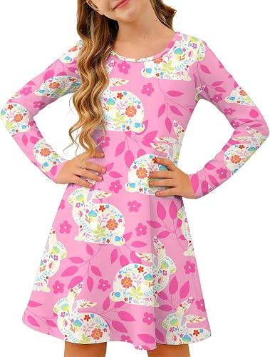 Ithalt Girls Easter Dress Bunny Print Shirts Easter Long Sleeve Dresses Litter G