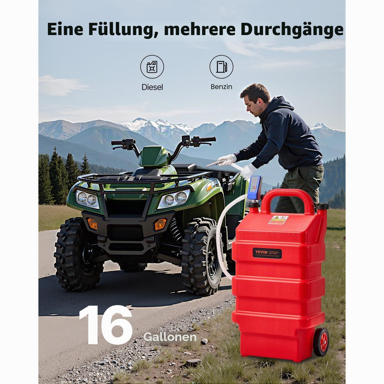 VEVOR Kraftstofftrolley, 60 L, Kraftstoffkanister mit 12 V DC Kraftstofftransferpumpe, 1,2 m Förderschlauch & Auto-Stop-Sensordüse, Tankadapter, geeignet für Diesel & Benzin, rot