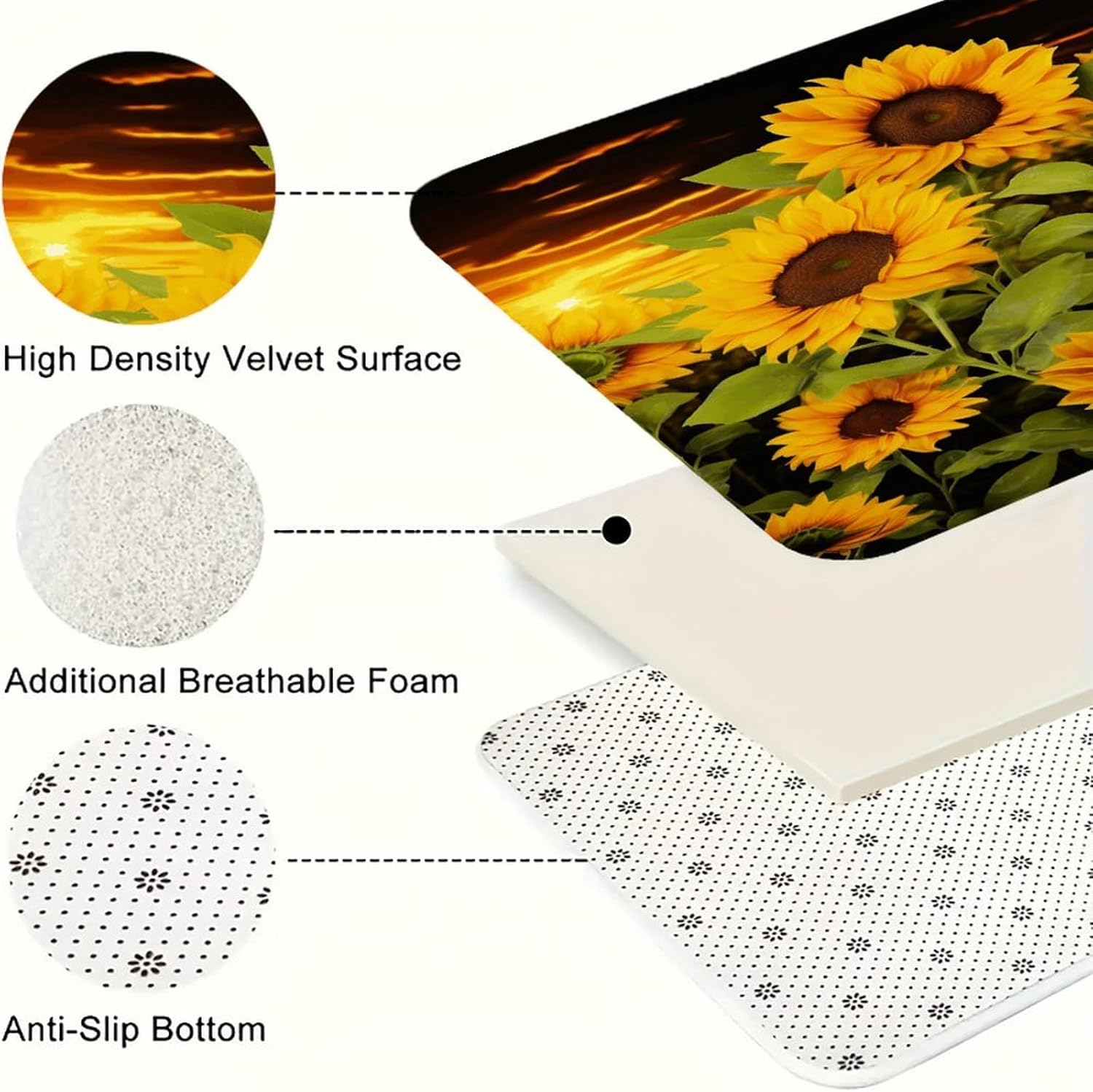 Sun Flower Kitchen Rugs Set of 3 Non Slip Washable Kitchen Mats for Floor Soft Area Rug Kitchen Floor Mat Cushioned Anti Fatigue Mats Standing Sink Mat Decor Runner Rugs