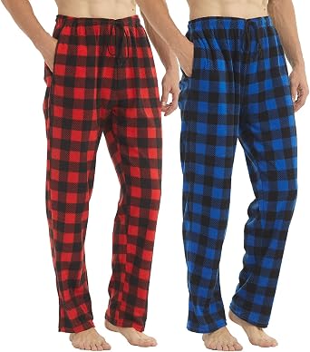 LANBAOSI 2 Pack Mens Pajama Pants Set Bottoms Fleece Lounge Sleepwear Lightweight Plaid pj Pants with Pockets Microfleece