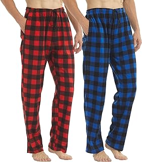 LANBAOSI 2 Pack Mens Pajama Pants Set Bottoms Fleece Lounge Sleepwear Lightweight Plaid pj Pants with Pockets Microfleece