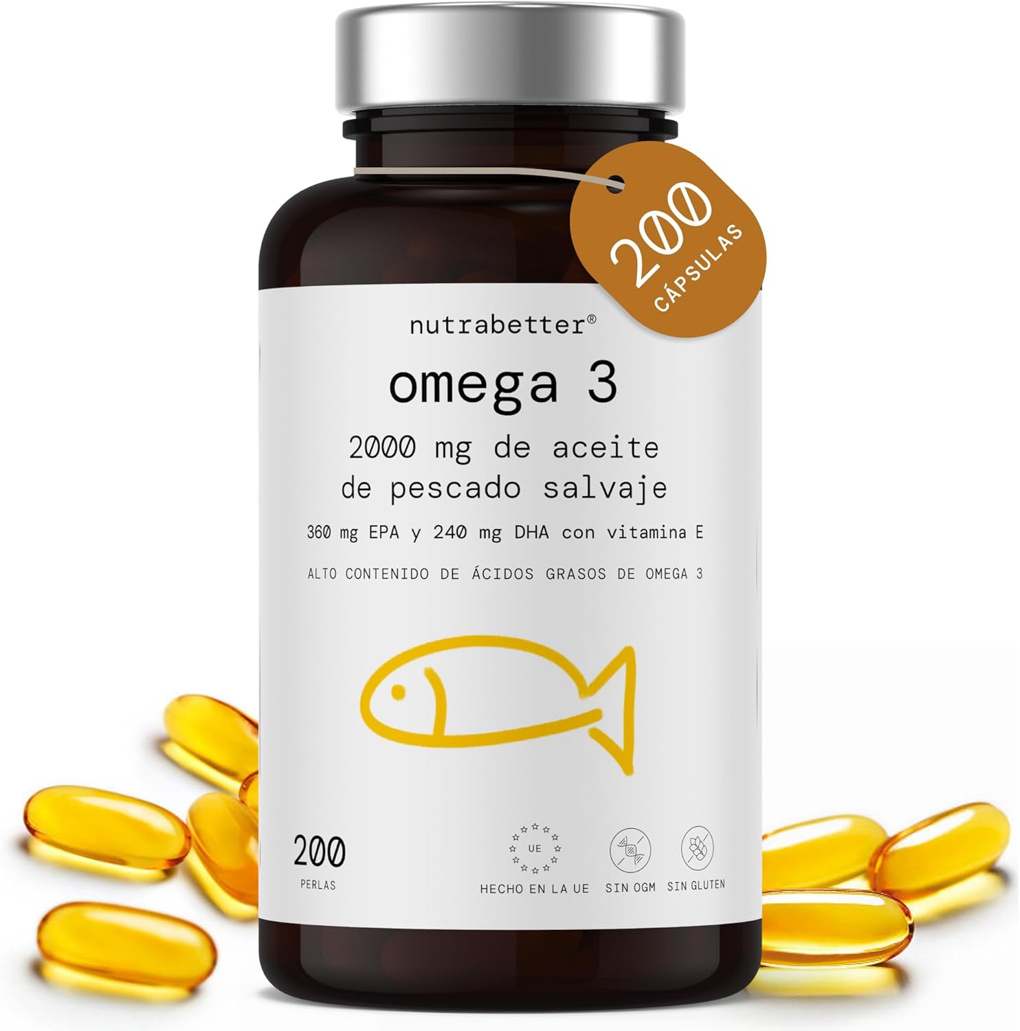 Omega 3 capsulas 2000mg | 200 Perlas | 600mg de Omega-3 puro + Vitamina E | Certificado FOS y MSC | Ácidos Grasos Omega 3 para Salud del Corazón, Cerebral y de la Presión Sanguínea | nutrabetter®