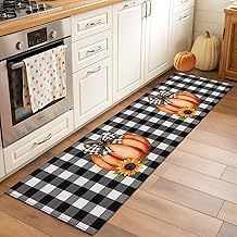 Rectangle Rug 2x6Ft, Watercolor Farm Pumpkin Sunflower Soft Non-Slip Washable Felt Carpet Pad, Black White Check Area Rugs for Living Room Bedroom Kids Room