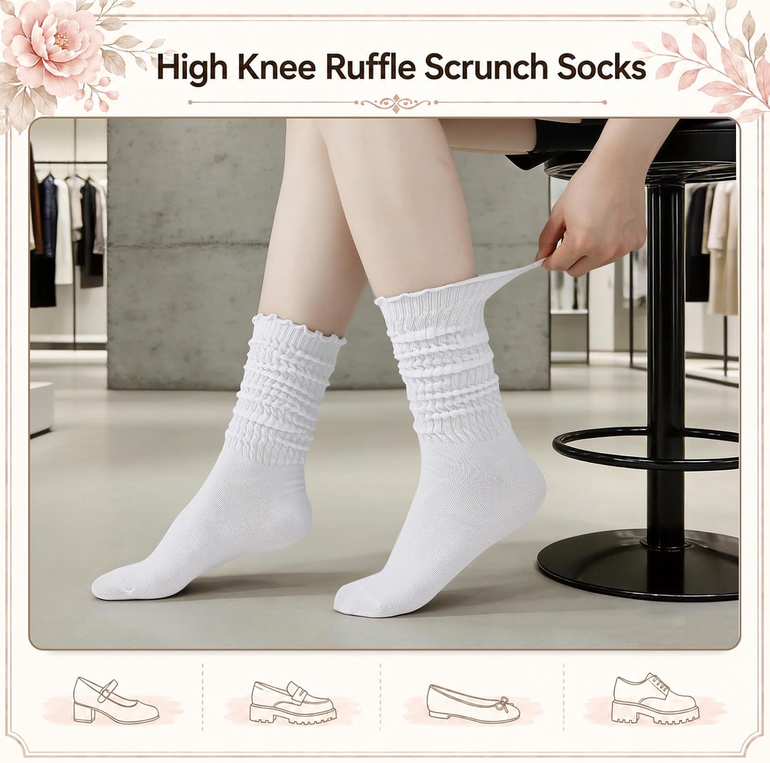 4 Pairs Ruffle Slouch Socks for Women Casual Soft Knit Knee Boot Socks Ruffle Rib Legging Sock Retro Trendy