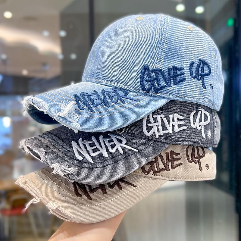 Never Give Up Distressed Cap, Adjustable Structured Dad Hat, Retro Material, Casual Outdoor Trucker Cap