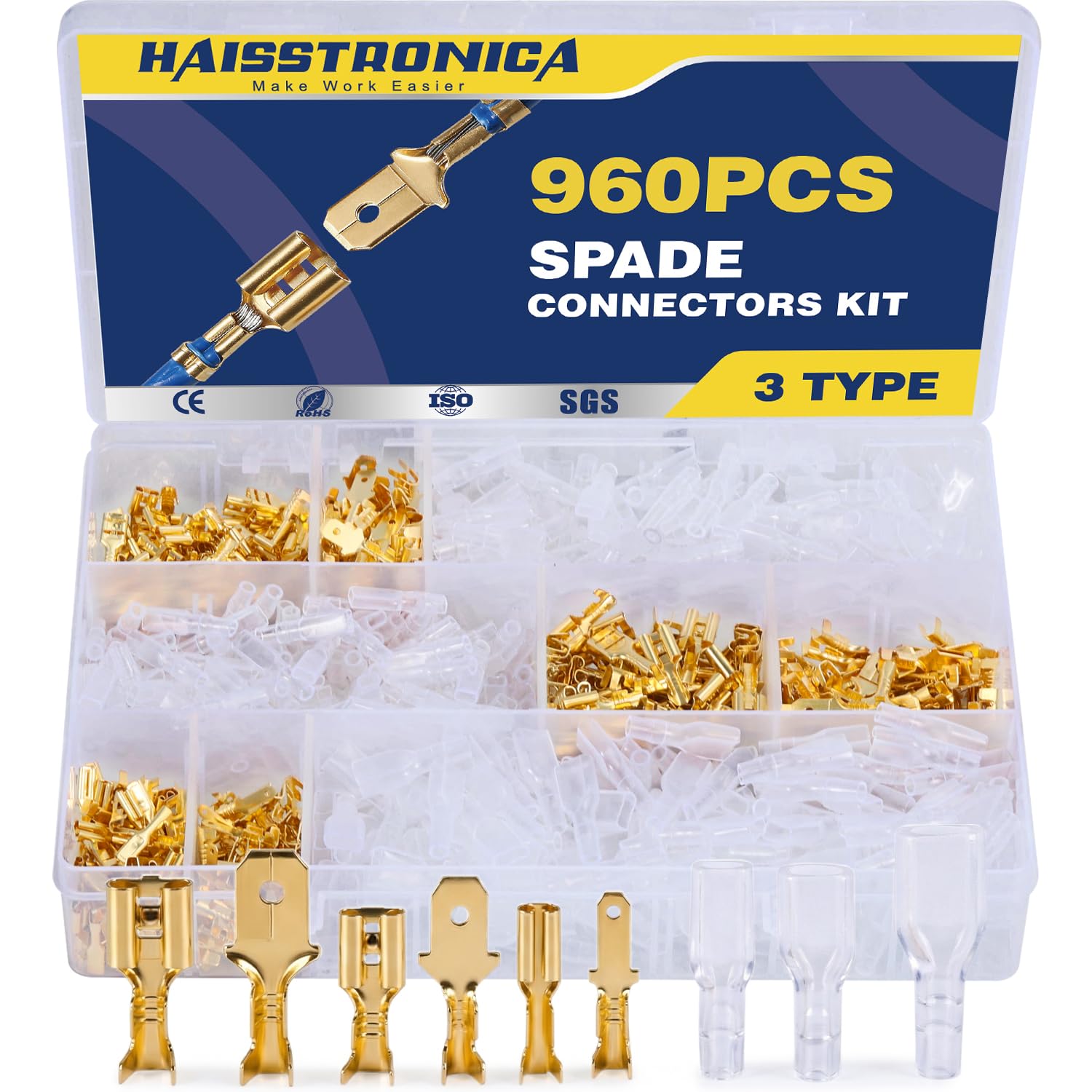 haisstronica 960 PCS Brass Open Barrel Spade Connector, 3 Widths | Dual-Crimp Wings for Wire and Insulation Grip, 2.8/4.8/6.3mm, Auto, Trailer and Marine Wiring, Speaker Wire Connectors