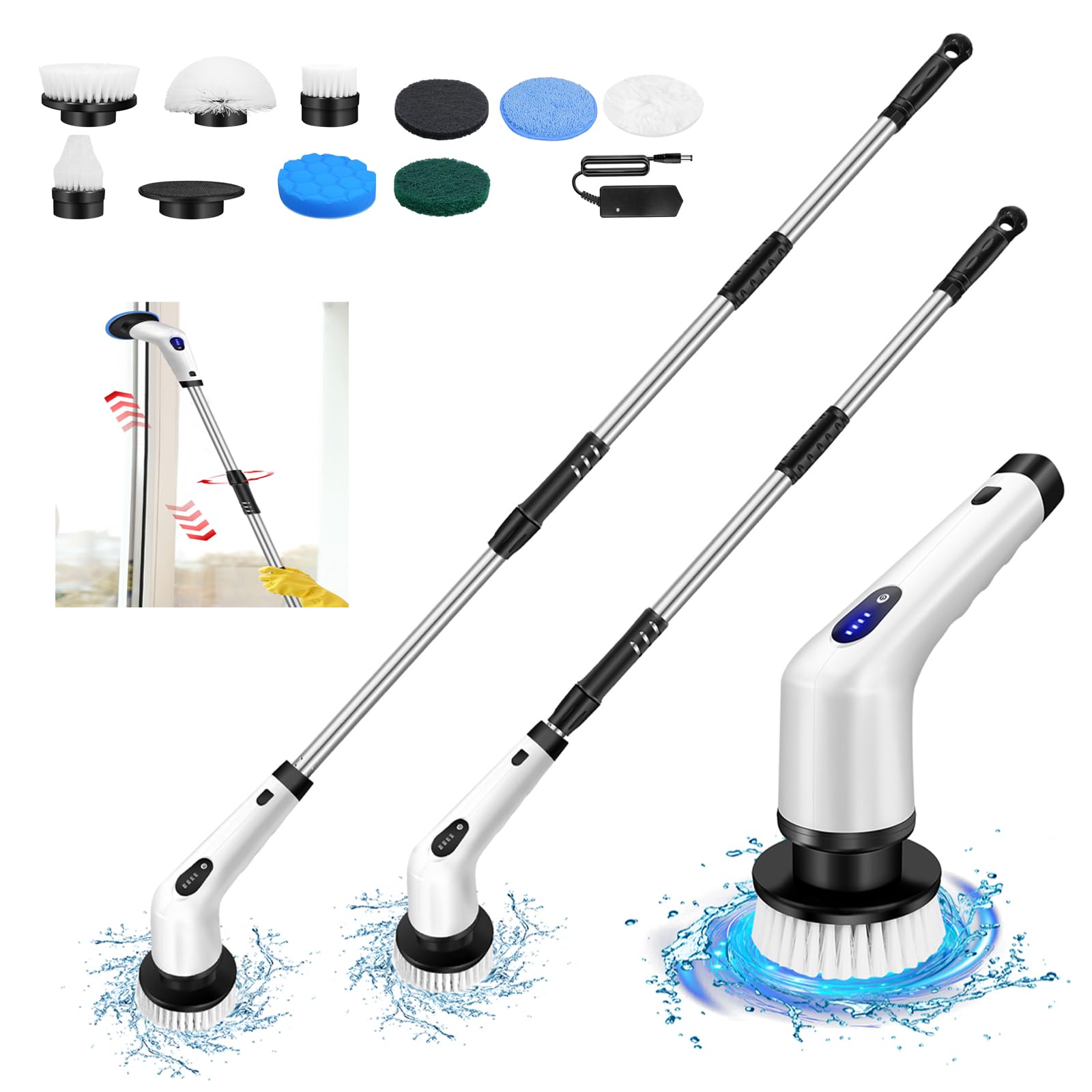 Electric Spin Scrubber Cordless Cleaning Brush with 2 Batteries Power Scrubber 2 Speeds Adjustable Extension Arm and 10