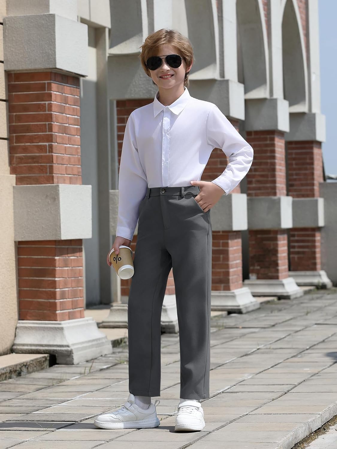 Haloumoning Boys Dress Pants Kids Elastic Waist Straight Leg Uniform Pants Casual Trousers with Pockets - Image 4