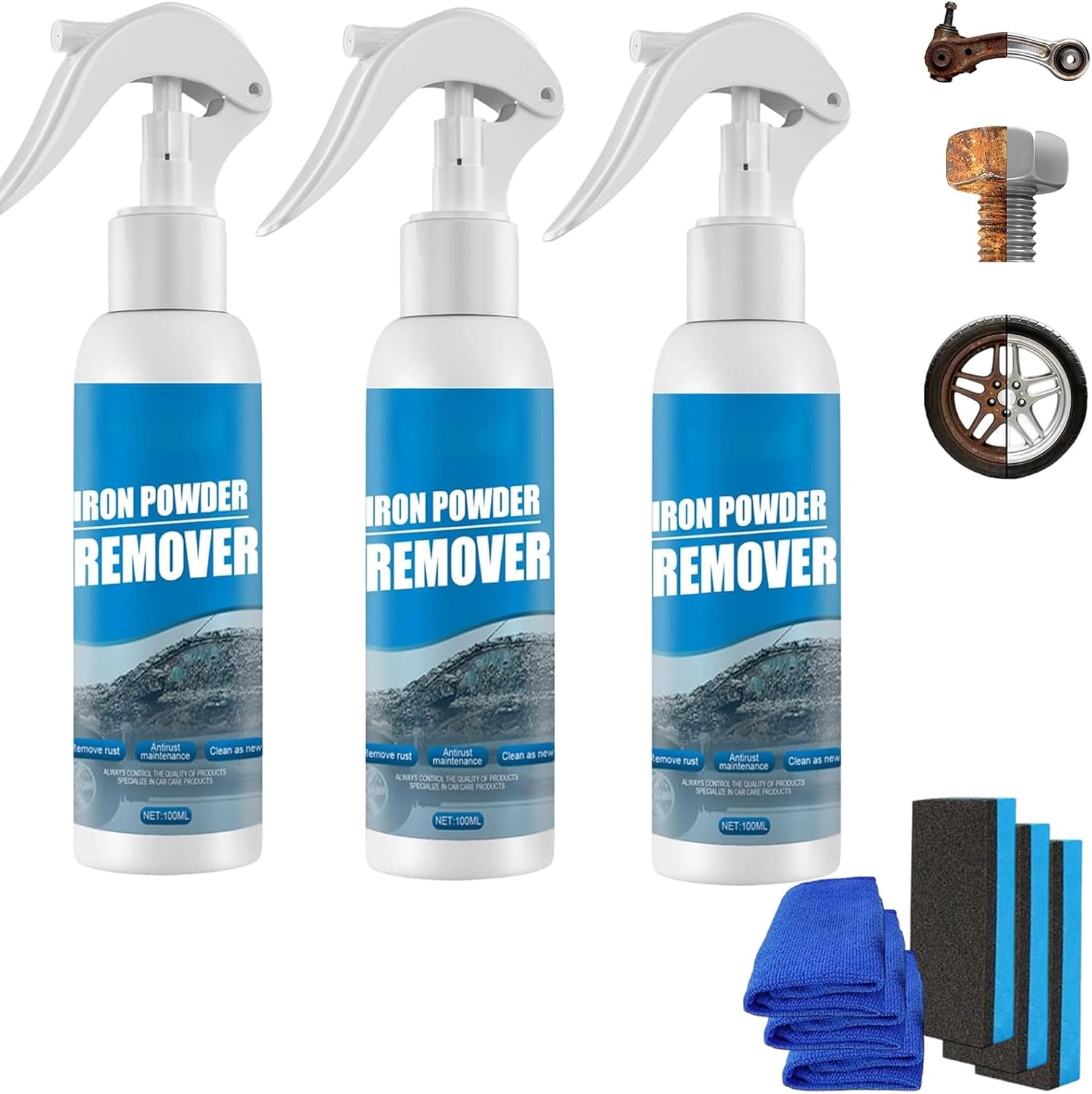 Multi-functional Quick-acting Rust Removal Spray, 30ML & 100ML Car Rust Removal Spray, Iron Power Remover for Metal, Car, Bikes, Tools, Furniture (100ml*3)