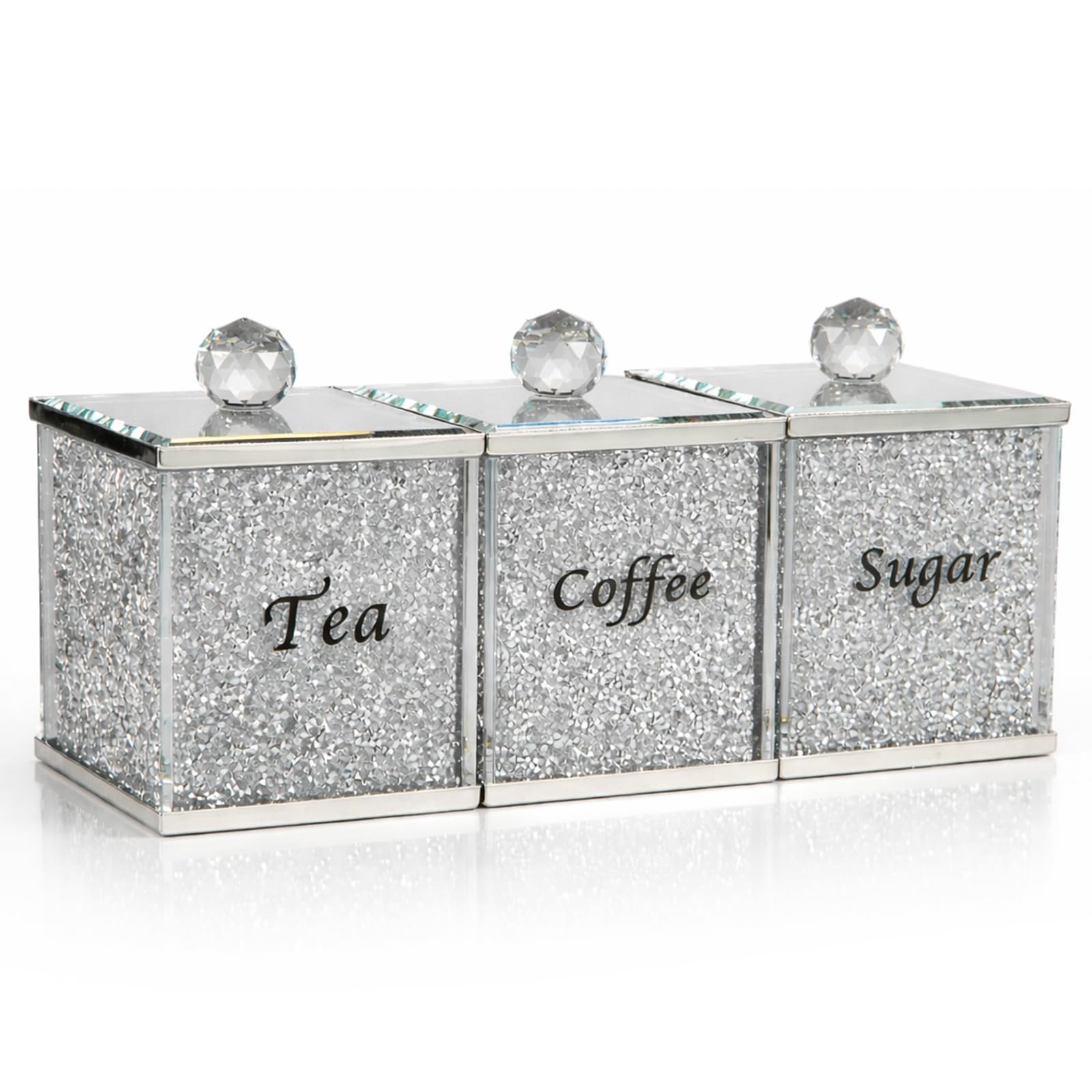 GREENSAPPIRE Tea Coffee Sugar Canisters Sugar Canisters Glass Crushed Diamond Reusable Crystal Filled Tea Coffee Set with Lid for Kitchen Home Present