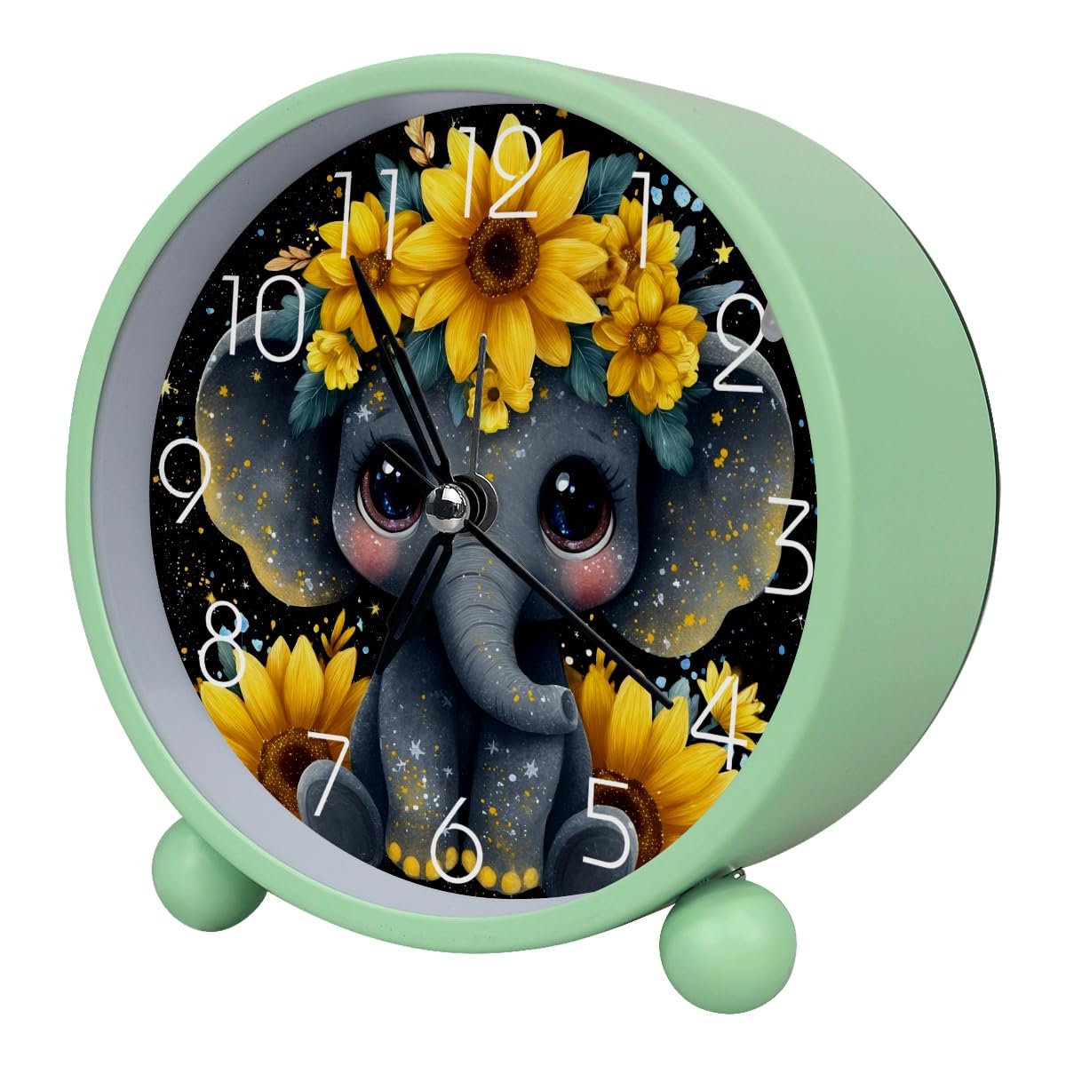 Luoweisi Analog Alarm Clock Elephant Sunflower, Silent Non-Ticking with Night Light, Battery Operated, Round Desk Alarm Clock for Office, Bedroom, Elderly, Adults, Children, Student Gifts