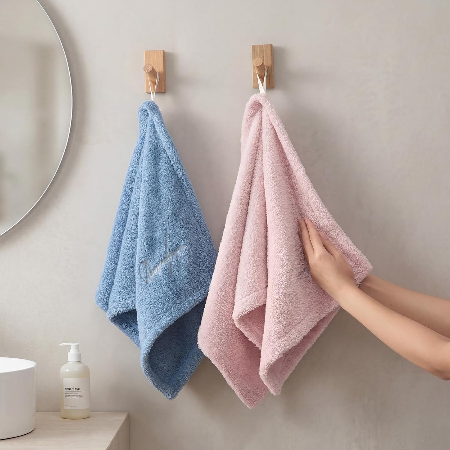 REDKISS Pink & Blue Hand Towels, Soft & Absorbent 100% Cotton for Bathroom, Kitchen & Guest Use, 14" x 31", 2-Pack image 2