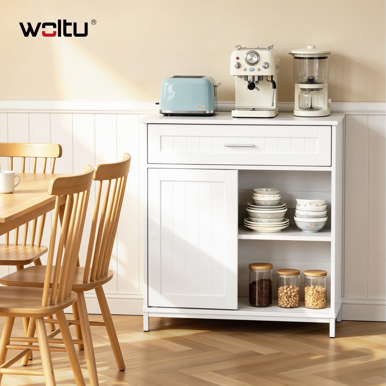 WOLTU Sideboard, Küchenschrank mit Arbeitsplatte, Aufbewahrungsschrank mit Schiebetür Schublade und verstellbare Ablage, für Küche Wohnzimmer Esszimmer, 70x80,2x30 cm, Weiß