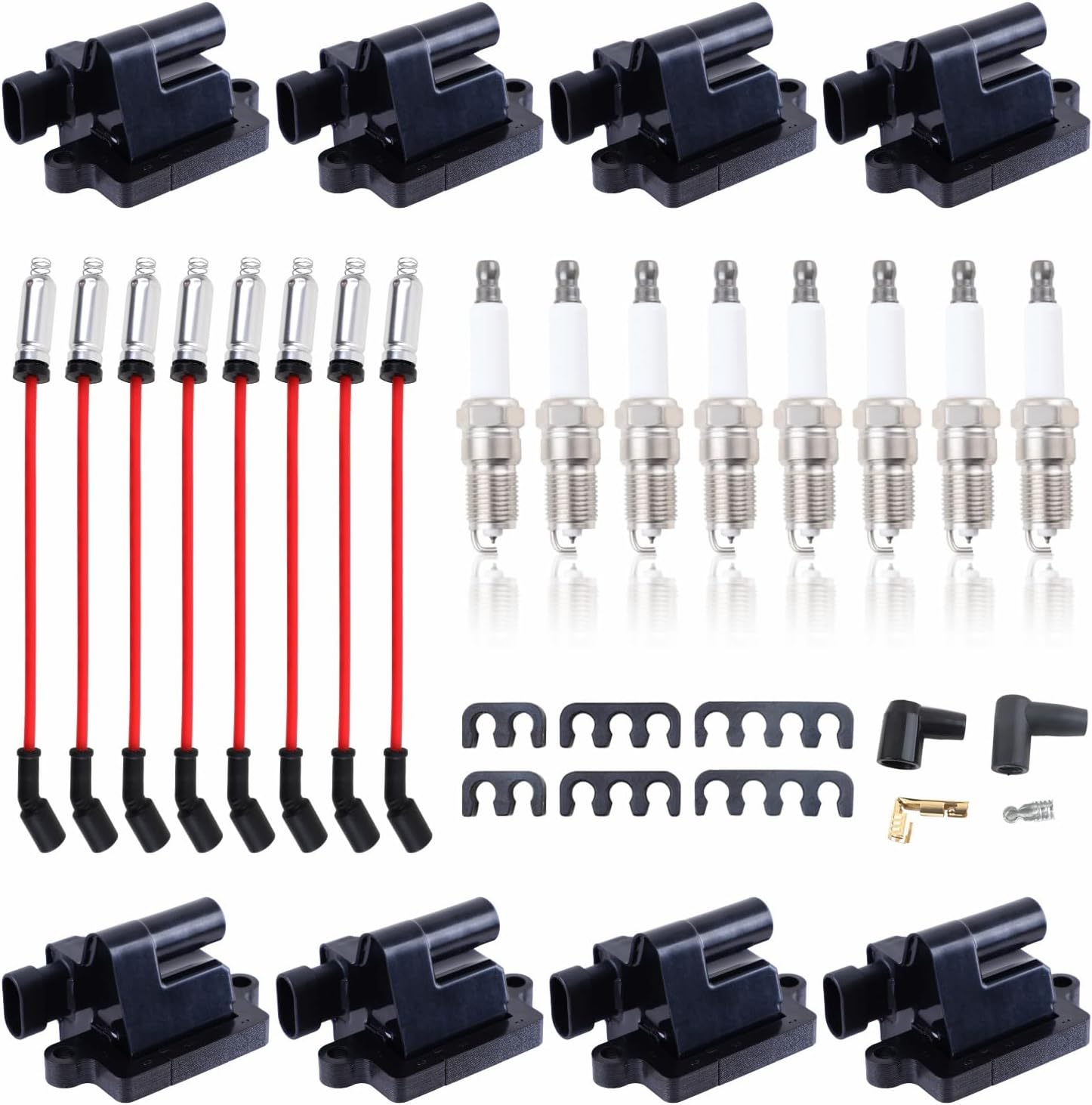 Set of 8 Square Ignition Coil 8 Platinum Spark Plug and Red Wire Set Compatible with Chevrolet Chevy GMC Hummer Avalanche Savana 1500 2500 3500 Sierra UF271 (UF271 Black+748UU+41-962)