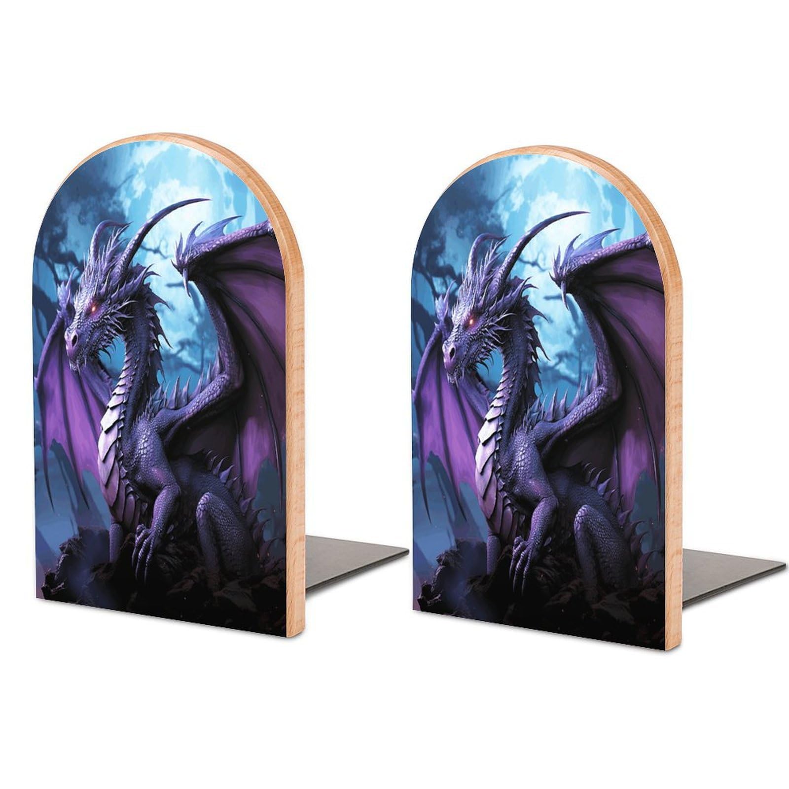 Sujetalibros de madera con dragón morado y luna para estanterías 1