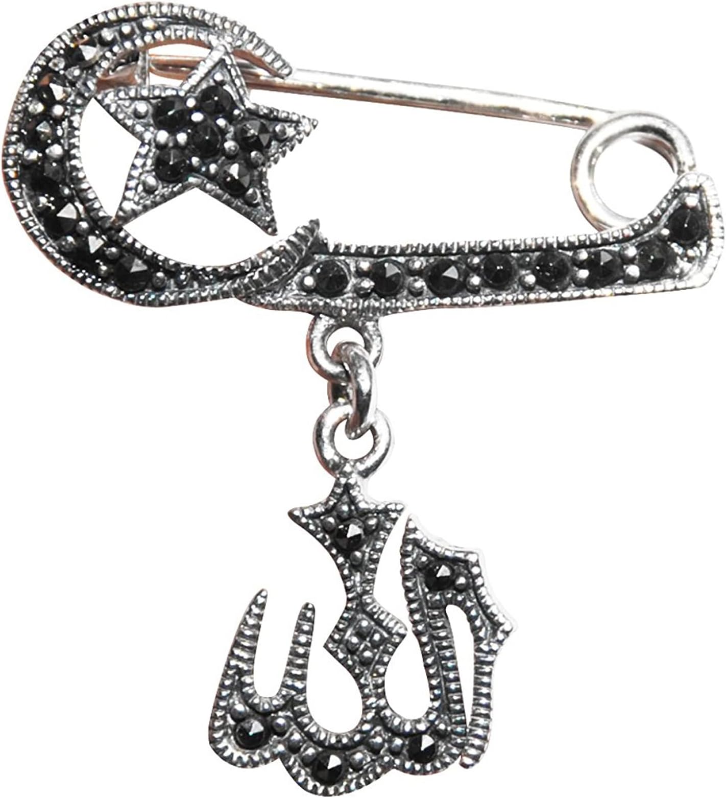 Noori Small Hanging Allah Pendant with Star Crescent St. Silver Muslim Scarf Pin or Broach with Marcasite Studs