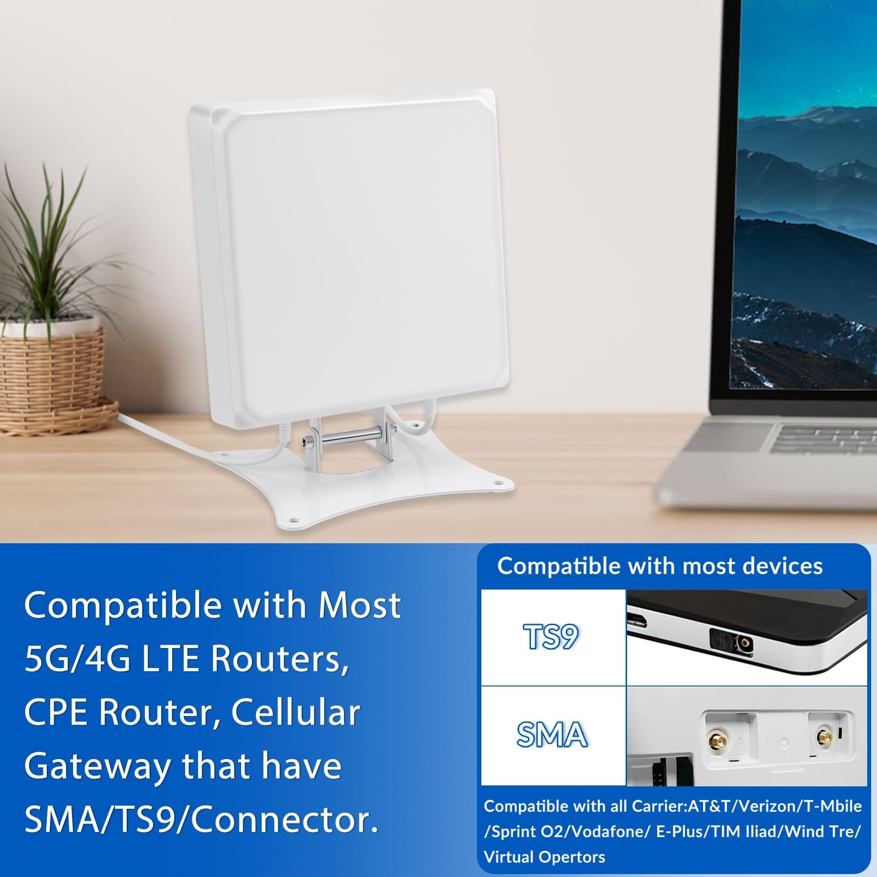 Antenna 5G/LTE/4G per router/hotspot/gateways | 7 dBi ad alto guadagno | antenna direzionale MIMO | cavo SMA da 3 m + adattatore TS9 | interno ed esterno