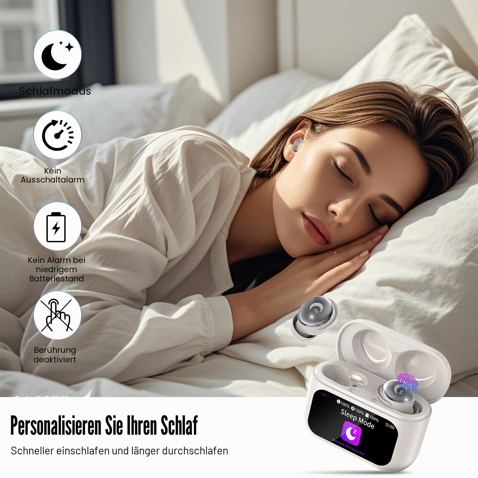 Bluetooth Kopfhörer, Mini 48 Std Schlafkopfhörer Bluetooth 5.4 mit Touchscreen, 2026 Neue in Ear Kopfhörer Kabellos mit ENC Noise Cancelling, IPX7 Ohrhörer, Immersiver Deep Bass Earbuds, Wolkenweiß
