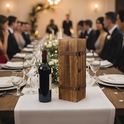 Miniatura 5 de MyGift Wooden Wine Gift Box, Whiskey Box with Locking Latch & Leather Straps, for Christmas, Wedding Champagne, Beer,Vintage Rustic Brown, 14x5x5