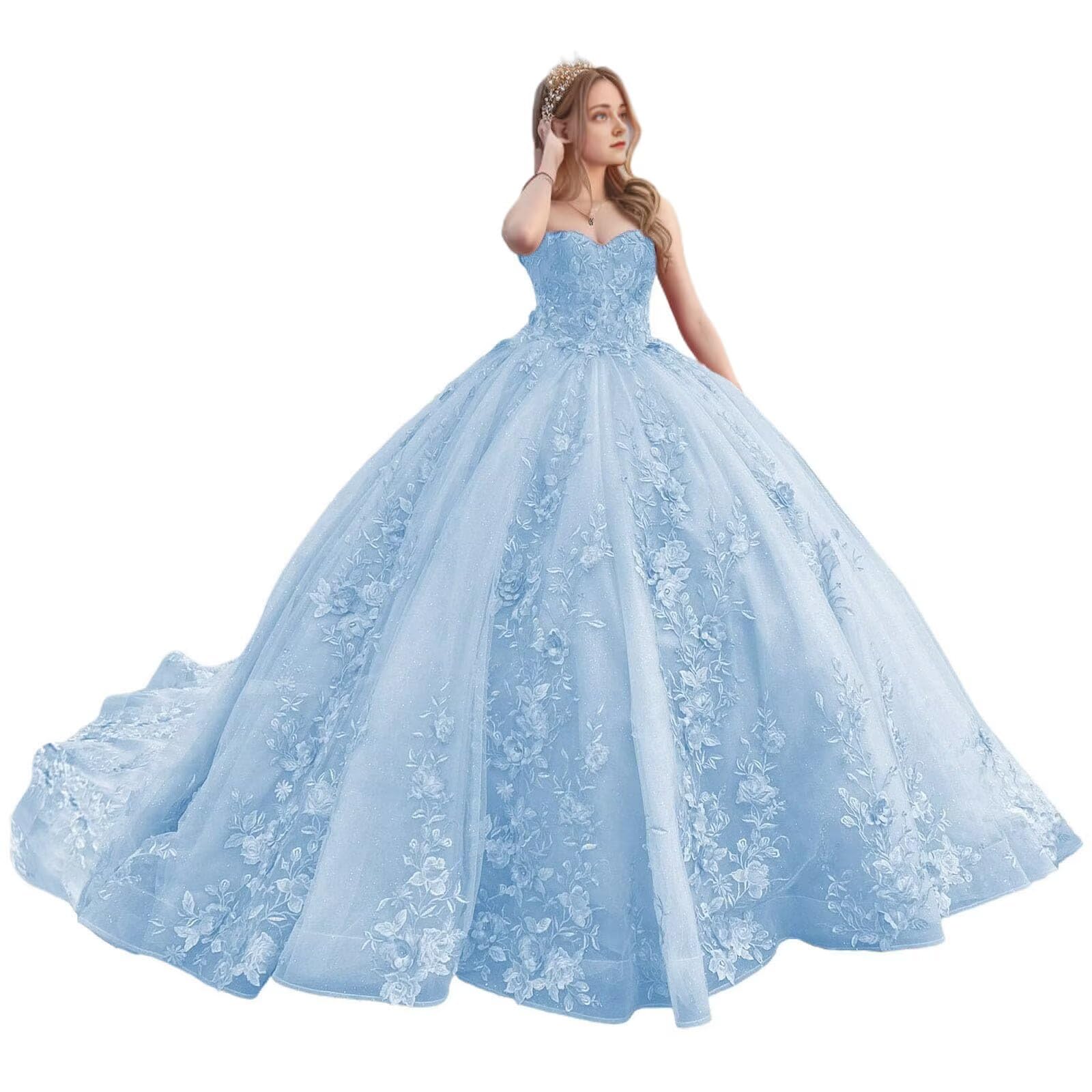 Women's Strapless Quinceanera Ball Gown Puffy Tulle Long Formal Evening Party Pegeant Gowns for Sweet 16 Dresses