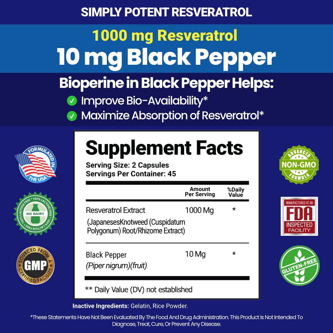 Simply Potent Resveratrol 1000mg Supplement with Black Pepper for Max Absorption, Antioxidant & Anti-Aging Pills for Heart, Immune & Skin Health, 90 Capsules