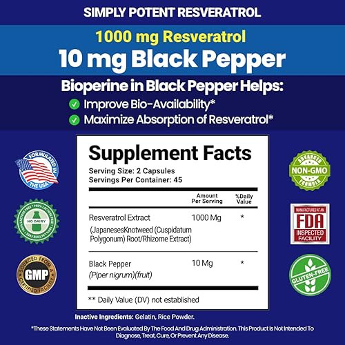 Miniatura 2 de Suplemento de resveratrol de 1000 mg, resveratrol trans de 500 mg, resveratrol mejorado con pimienta negra para una máxima absorción, potentes