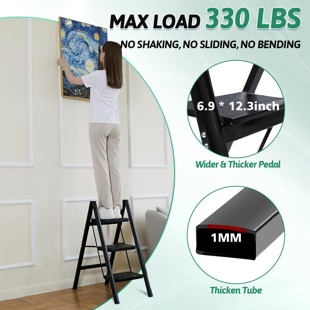 3-Step Folding Ladder, Heavy Duty Ladders for Home & Kitchen, Folding Ladder Easy to Store, Tall Ladder for Adults, Anti-Slip & Space-Saving Step Ladder, 330 Lbs Capacity
